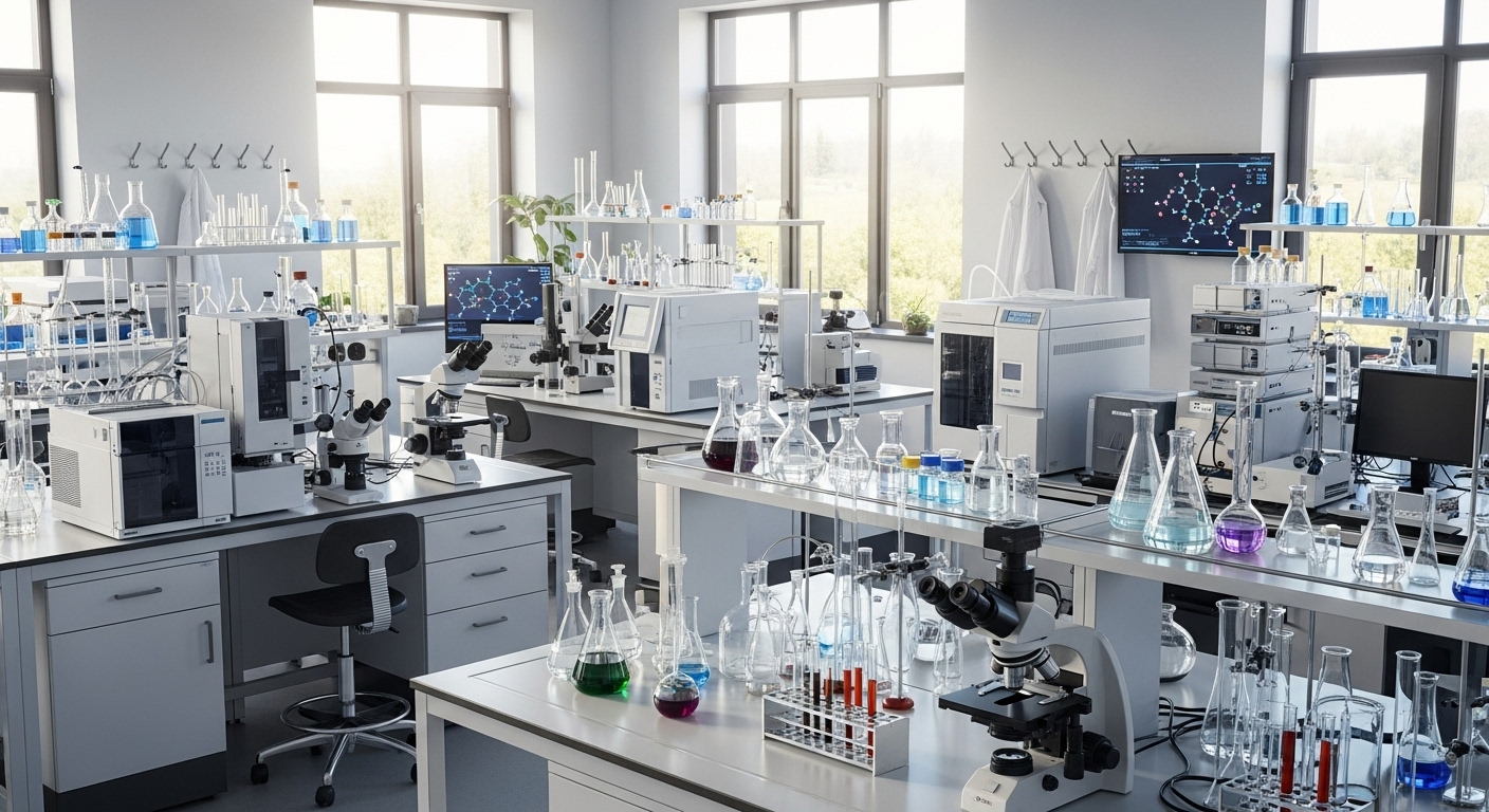یک آزمایشگاه علمی تمیز و مدرن پر از طیف گسترده‌ای از تجهیزات آزمایشگاهی، شامل ظروف شیشه‌ای، میکروسکوپ و ابزارهای آنالیتیکال پیشرفته. محیط روشن و منظم است و فضایی از پژوهش علمی و پیشرفت فناوری را تداعی می‌کند.