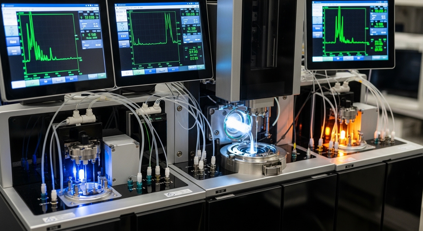 نمای نزدیک از یک دستگاه آنالیتیکال آزمایشگاهی پیشرفته، مانند طیف‌سنج جرمی یا کروماتوگراف مایع با کارایی بالا، با لوله‌کشی‌های پیچیده، صفحه‌نمایش‌های دیجیتال و نورهای ظریف، نمادی از اندازه‌گیری دقیق و تحلیل داده‌های پیچیده در تحقیقات علمی.