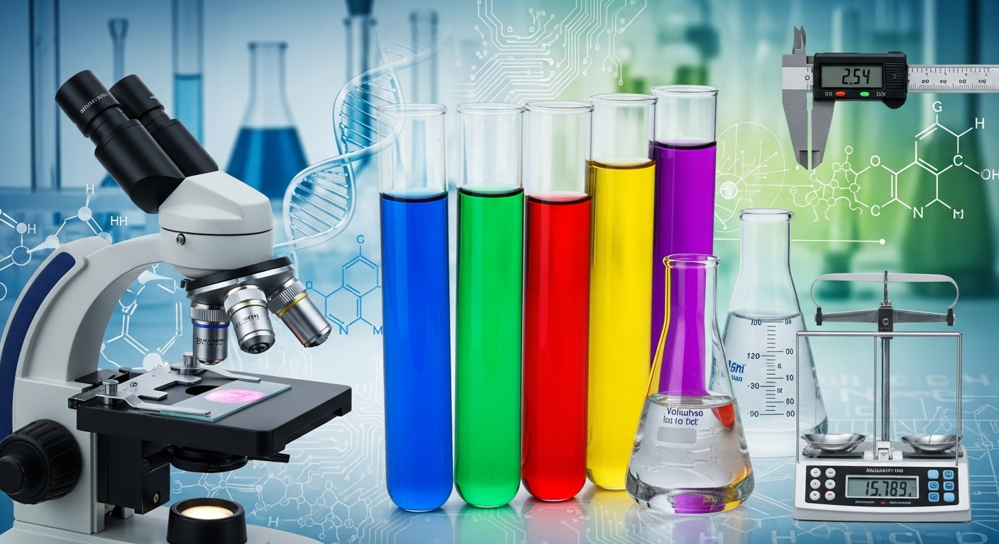 نمایش بصری یا کلاژی انتزاعی از مجموعه‌ای از تجهیزات ضروری آزمایشگاهی: مجموعه‌ای از محلول‌های شیمیایی رنگارنگ در لوله‌های آزمایش، یک میکروسکوپ دقیق در حال فوکوس روی نمونه بیولوژیکی، و ابزارهای اندازه‌گیری دقیق، که همگی به کاربردهای علمی متنوع و نوآوری اشاره دارند.