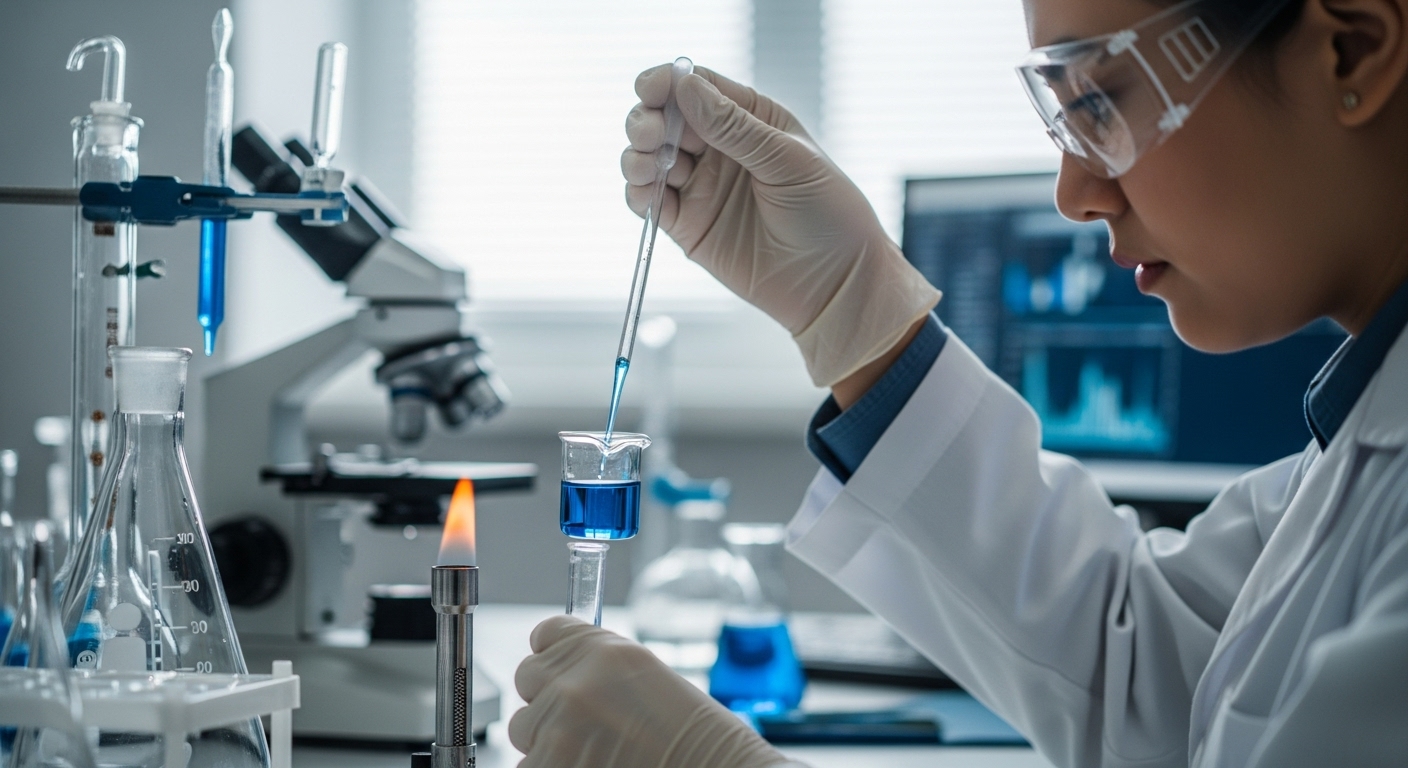 یک دانشمند با روپوش سفید آزمایشگاهی و عینک ایمنی، در حال کار دقیق با تجهیزات مختلف آزمایشگاهی شامل بشر، پیپت و شعله بونزن، در محیط کنترل‌شده آزمایشگاه. تمرکز بر دست‌ها و دقت، نشان‌دهنده فرایند آزمایش و کشف است.